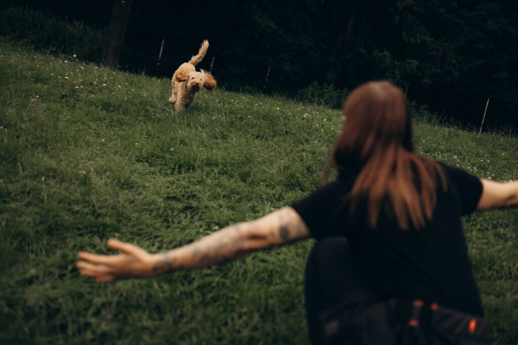 Gina with dogs in a meadow